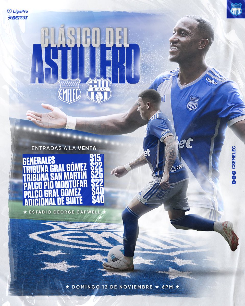 Con la AZUL bien puesta 💪🏽

Venta de boletos al publico en general 🔥

Adquiere tus boletos en :⬇️

🏟 Boleterías del Estadio
💻 emelec.com.ec - socioemelec.com
🏢 Red activa Western Union
🏤Pharmacys (Urdesa - Riocentro Sur - Mall del Sol - 9 de Oct y