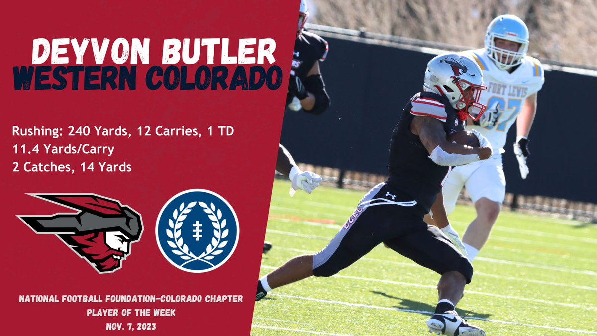 Deyvon Butler carried the ball 21x on Saturday vs. FLC for 240 yds & a TD to lead @MountaineerFB to a 57-3 win. Butler also caught 2 passes for 12 yds on his way to being voted the @NFFNetwork Colorado Chapter Player of the Week! #ColoradoFootball @WCUMountaineers @RMAC_SPORTS