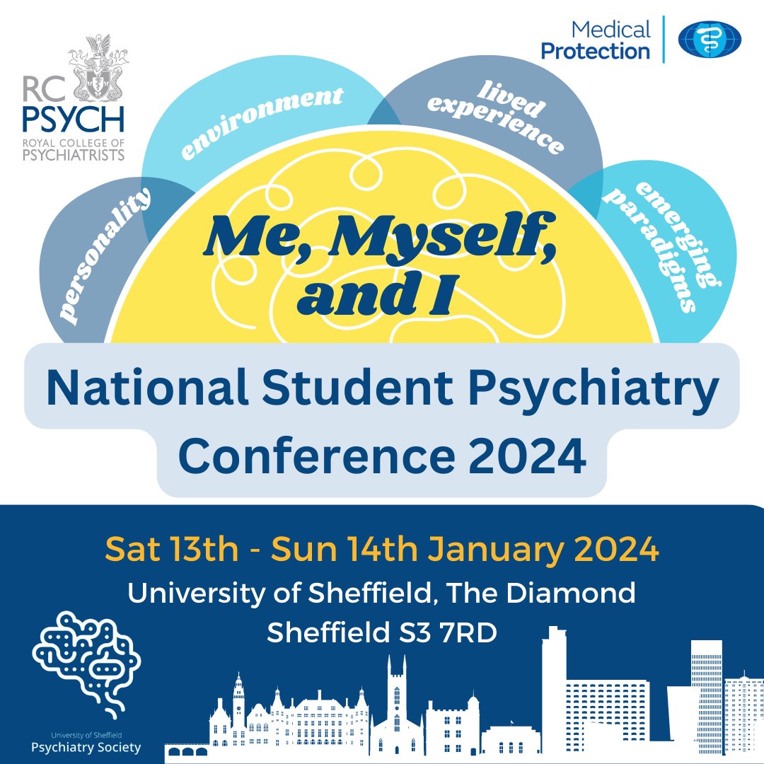 SheffPsychS's tweet image. TICKETS ON SALE NOW!🎉
Follow this link to book: rcpsych.ac.uk/become-a-psych…
Under the theme of Me, Myself and I, attendees will have the chance to explore the intersection
of the ‘self’ and the ‘other’. 
@Choose_Psych
#ChoosePsychiatry
@rcpsych