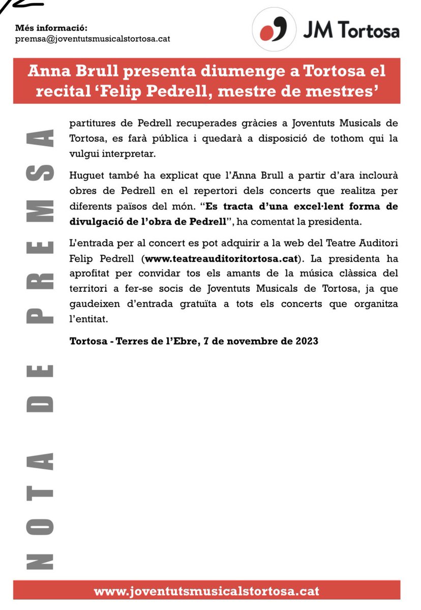 Avui roda de premsa per parlar del concert del proper diumenge, al Teatre Auditori Felip Pedrell de Tortosa, a les 19.00h, a càrrec de la mezzosoprano ebrenca Anna Brull i el pianista Josep Buforn. 
Encara podeu aconseguir la vostra entrada a: teatreauditoritortosa.cat/event/anna-bru…