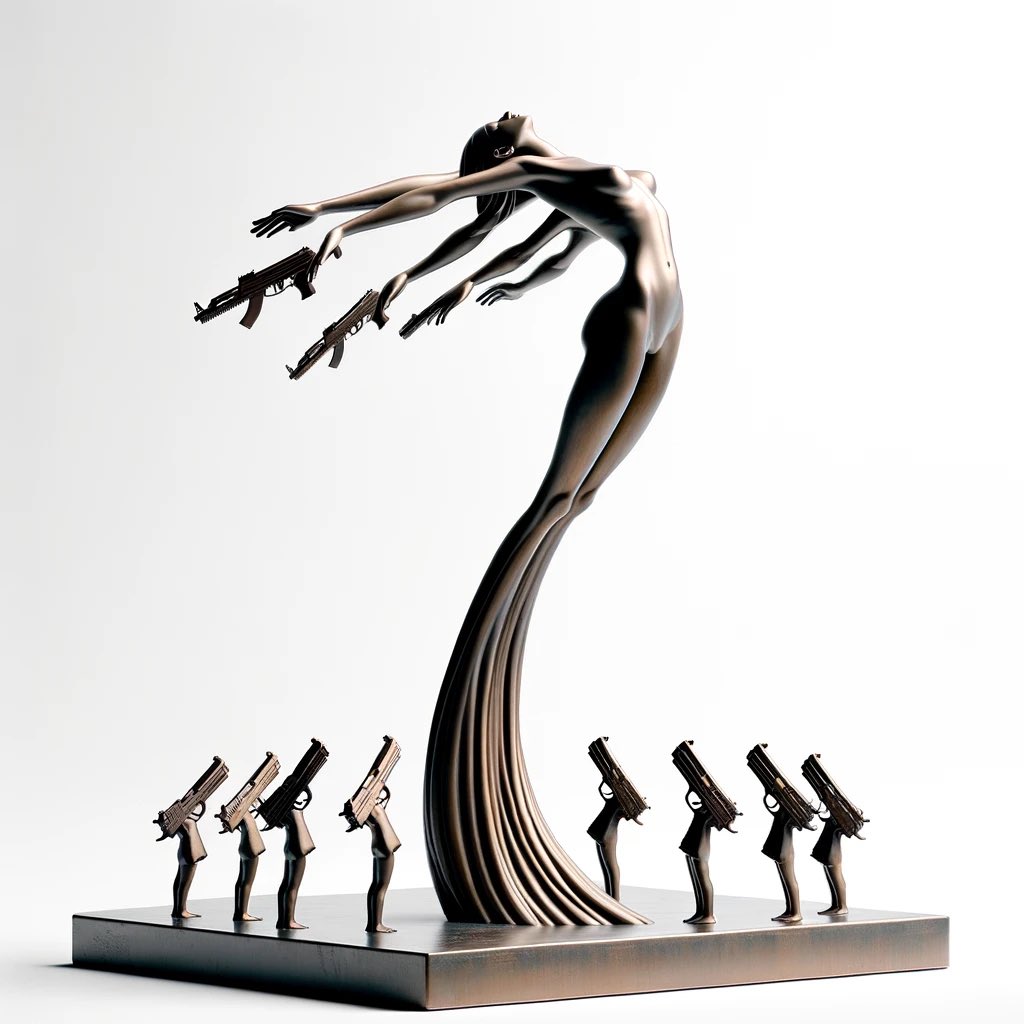 “Glorifying Guns” bronze sculpture design / project by <a href="/feeltheline/">Tatyana Markovtsev</a> and <a href="/maximisto/">thestonebringer</a> in collaboration with <a href="/PurpleOrangeAI/">Purple Orange AI</a> 💀😢

#aiart #AIArtCommuity #sculpture #guns #gunban #nra #live #3D #nftart #nft