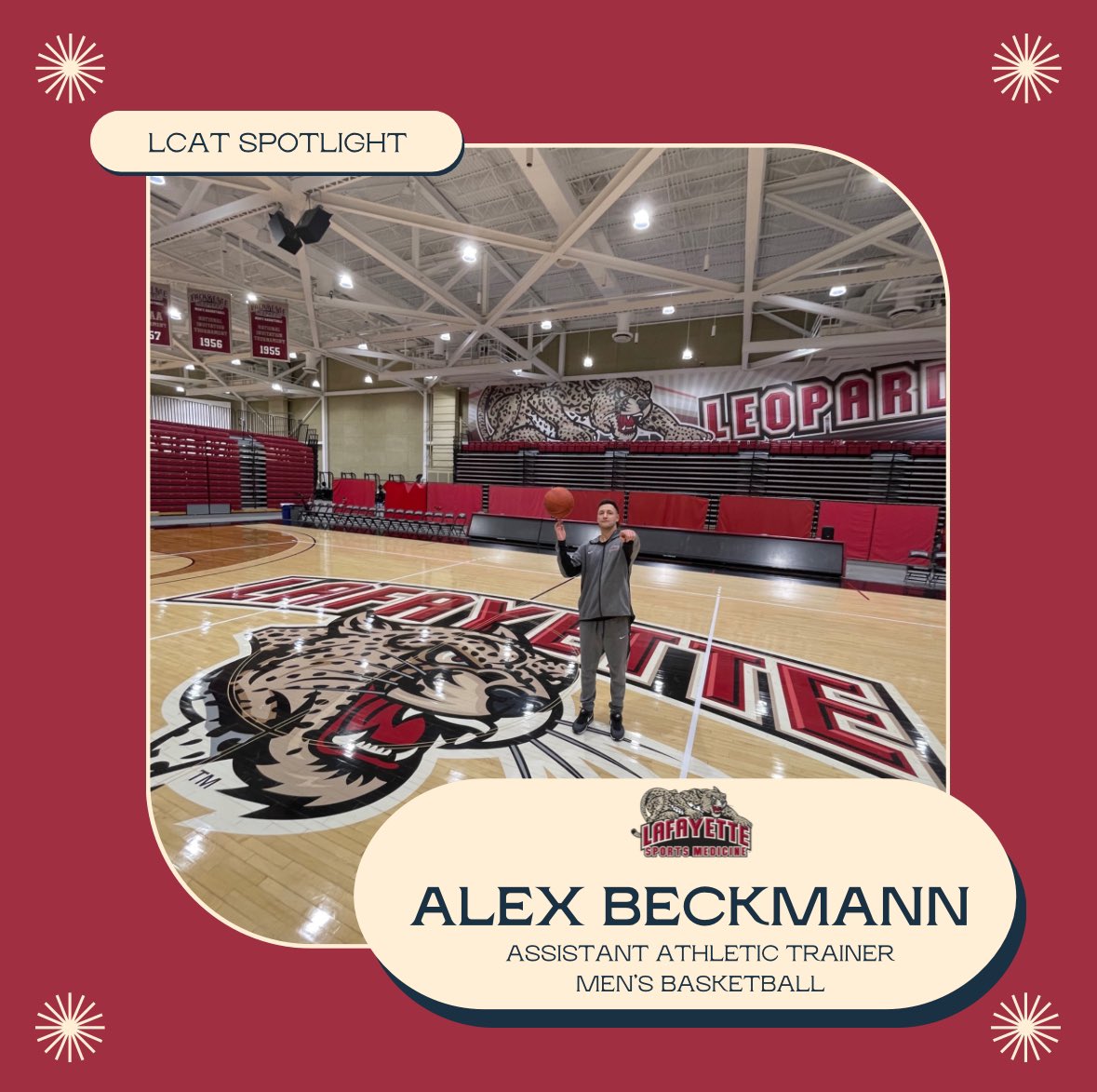 LCSportsMed's tweet photo. LCATs SPOTLIGHT 🤩🐆
•
With @lafayettembb season starting today and we want to bring the spotlight to Alex Beckmann, Assistant Athletic Trainer. Wishing you and the team a great and healthy season. 
•
Other sports assignments: Football 
•
#rollpards #LCATs #goleopards🐆 https://t.co/y8mTKKWyR5
