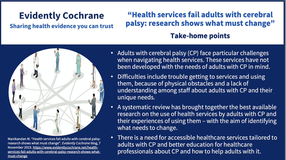 @CochraneUK is working with @EvidSynIRL on a mentorship programme to help authors communicate the findings of evidence syntheses to patients & the public. Mentee @Manjula_M_K_N has blogged about how health services are failing adults with #CerebralPalsy: buff.ly/49oG5Tc