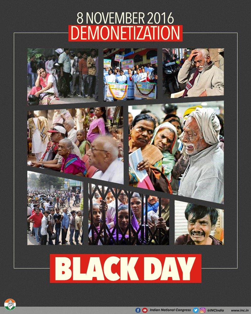 INCIndia's tweet photo. PM Modi's whimsical move to demonetise ₹500 & ₹1000 notes not only broke the economy's back but proved to be an utter failure. It left the poor hapless while hundreds of lives were lost.
We stand with the families of the victims & the survivors, who continue to suffer. https://t.co/QTzDtEwgur