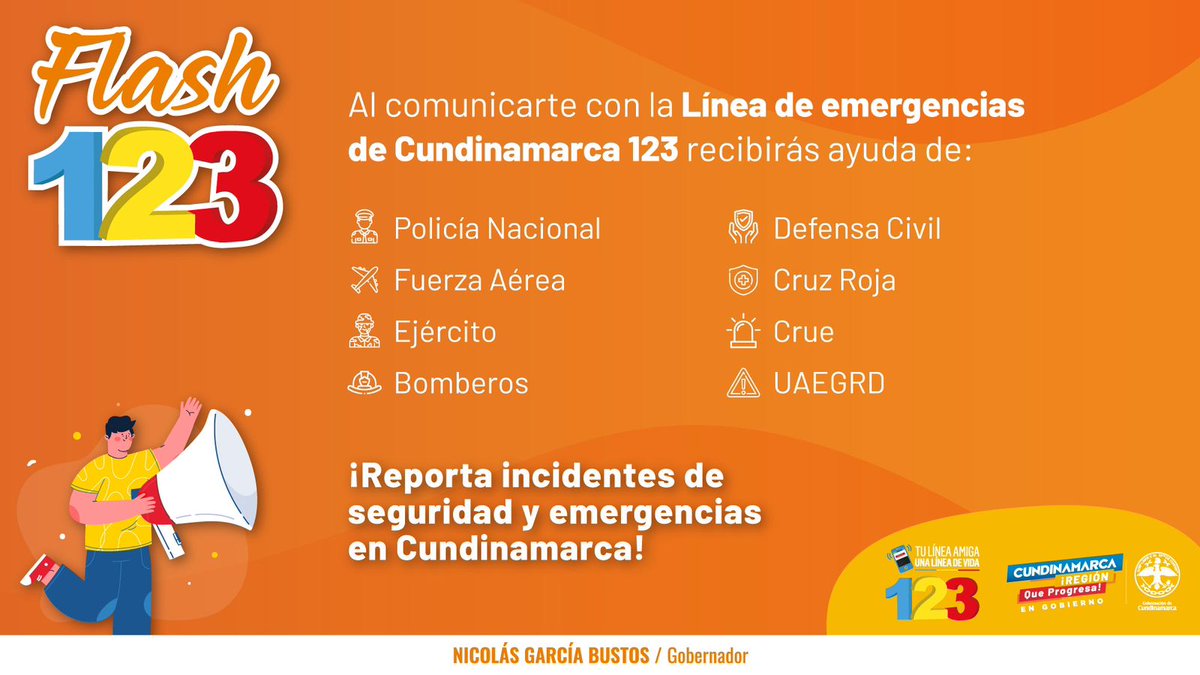 SecGobCundi's tweet photo. 🚨| Reporta incidentes de seguridad y emergencias en Cundinamarca 📞marcando 123 ☎️ #Flash123 #Cundinamarca #RegiónQuéProgresa https://t.co/n4IbyUgTpa
