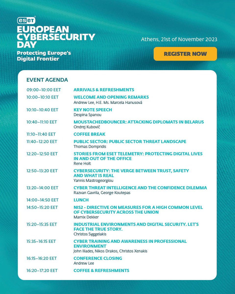 ESET's tweet photo. On November 21st, the Acropolis Museum in Athens is hosting the 7th European Cybersecurity Days.
Register to join us in person for an exclusive networking opportunity, or follow us through our live stream: https://t.co/QFW0PnyM6O.

#EECD #ESET #ProgressProtected https://t.co/HdEu61Q5Ca
