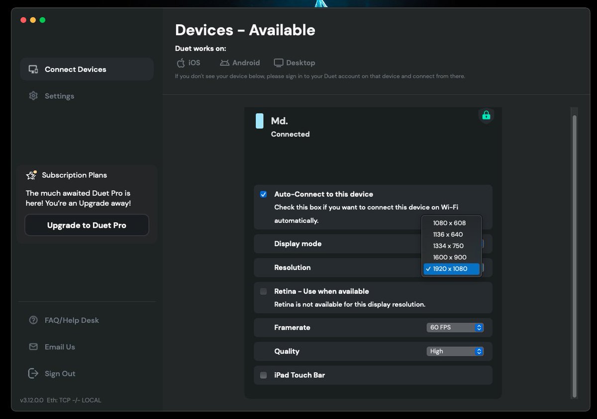 Md_Siam03's tweet photo. @duetdisplay  The new update of Duet macOS software is a complete mess. An ideal iPad resolution is 1620 x 2160 pixels, but the app only supports these regulations. 😮‍💨 https://t.co/eLDEtZc14L