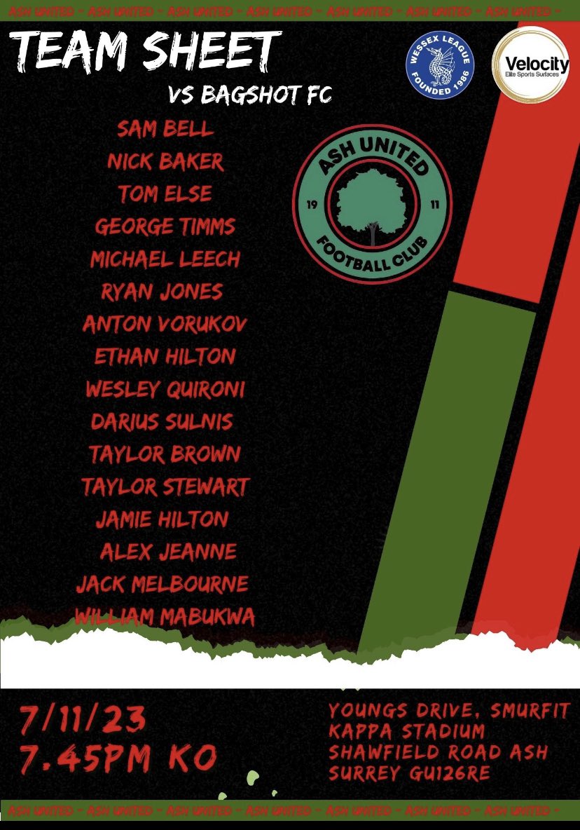 *** MATCH DAY *** 

Squad for tonight’s match Vs <a href="/BagshotFC/">Bagshot FC</a> in the cup! 

7:45 Ko 
🍺🍔🍟 

Come on Ash!
