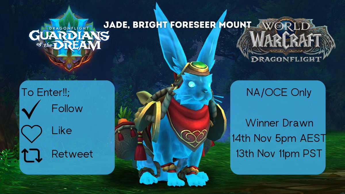 It's Patch Day! 🎉🎉🎉

To celebrate the launch of Patch 10.2 Guardians of the Dream, I'm giving away a Jade, Bright Foreseer Mount! 💖

To Enter;
✅ - Follow <a href="/TwikTV/">Twik 💖</a> 
💖 - Like
🔁 - Retweet

Open to NA/OCE Only, Drawn on 14th Nov 5pm AEST

#Dragonflight #WoW_Partner