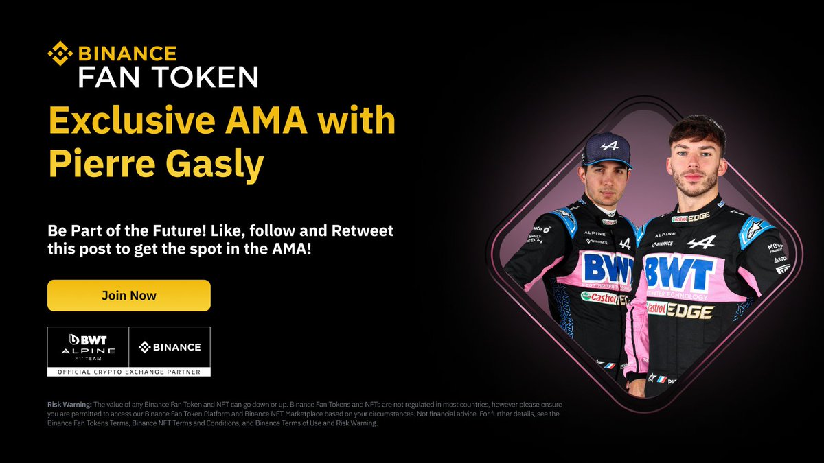 BinanceFanToken's tweet photo. Get ready for the next exclusive event on Binance Fan Token! 🔥 

A Different-than-ever AMA with @AlpineF1Team  and @PierreGASLY  will occur during the Abu Dhabi GP!

Like &amp; RT this post to score an opportunity to attend the AMA. We will pick 1 of the fans to join the event! https://t.co/fzjIXW8C8M