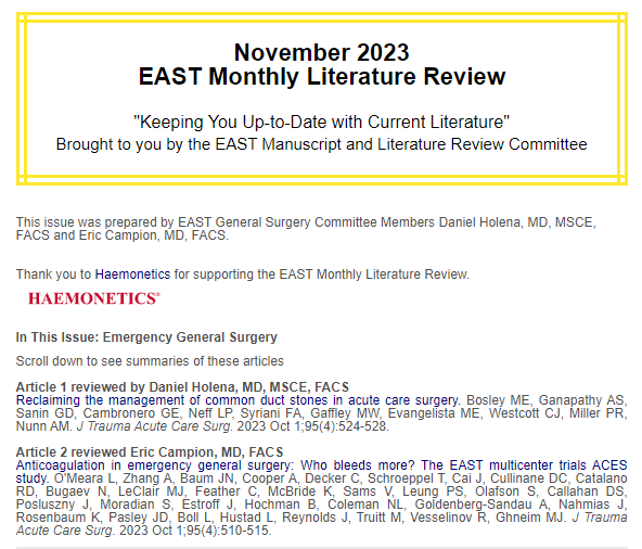 This month’s EAST Monthly Literature Review on Emergency General Surgery is brought to you by Daniel Holena, MD, MSCE, FACS and Eric Campion, MD, FACS. Thank you to our sponsor @HaemoneticsCorp! Read the #EASTLitReview here and share your feedback: bit.ly/3SpOjVe