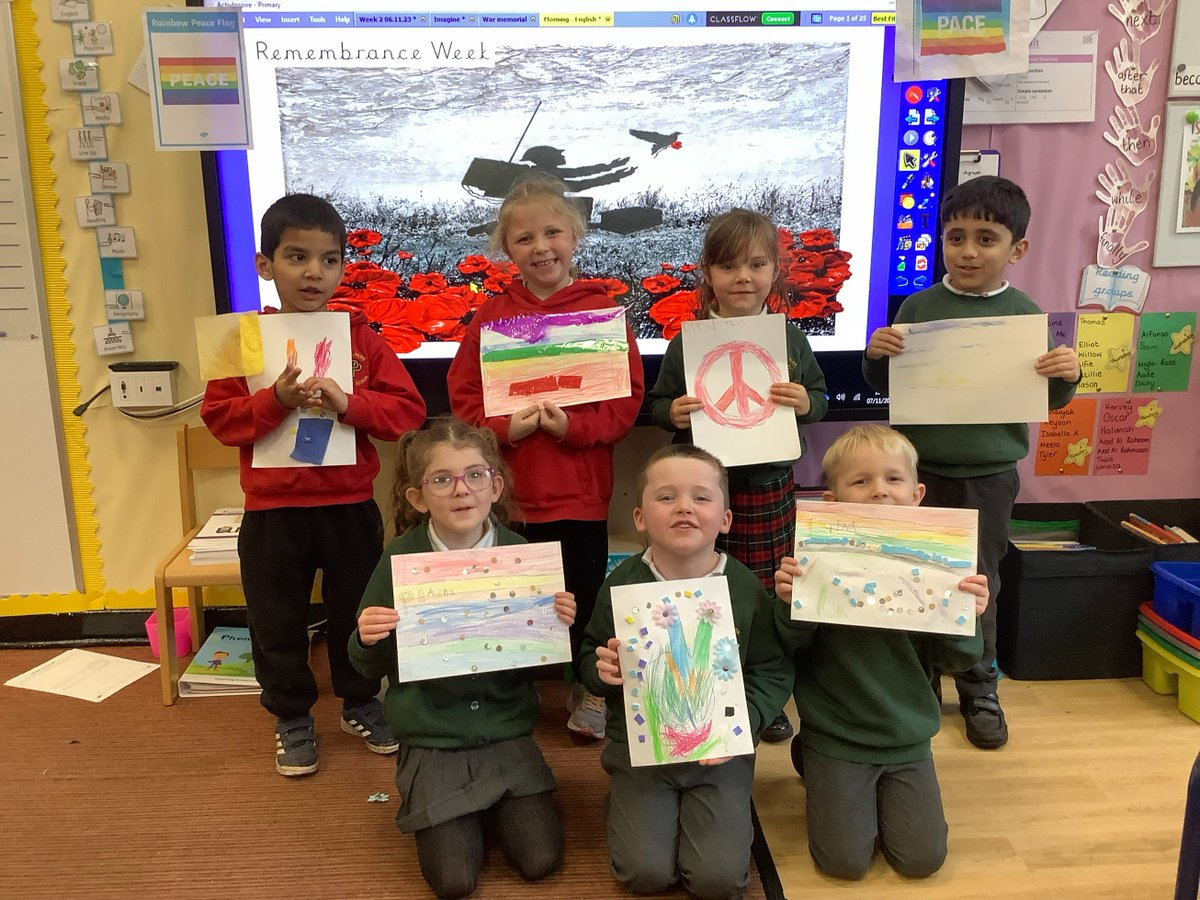 pp_accrington's tweet photo. This week 1W are finding out all about what it means to be at Peace. We have met a new friend called imagine. Here are our Peace symbols. #remembraceweek https://t.co/IvpyzlNlwX