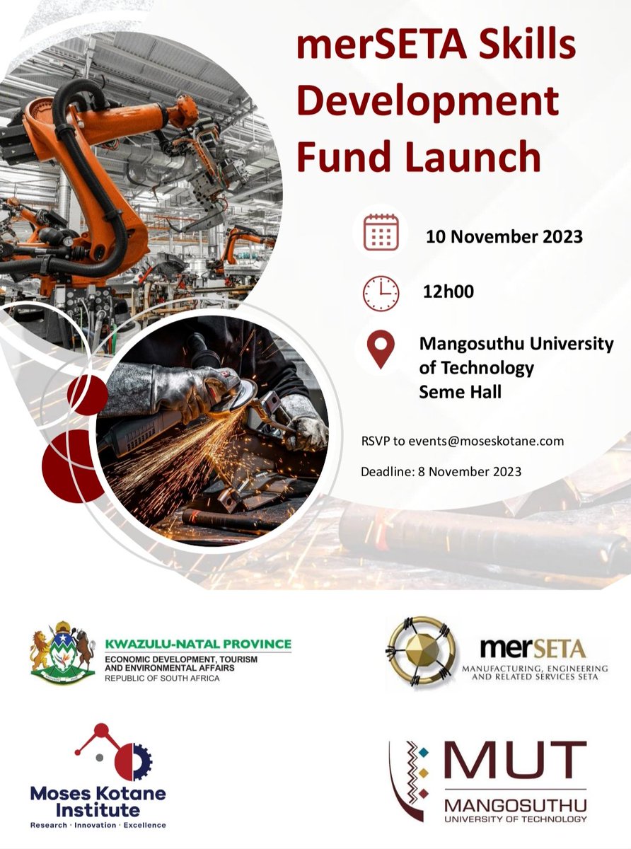 MUTCampus's tweet photo. 🗓️ Mark your calendars for 10th Nov, 12:00-14:00 at MUT Seme Hall! We're launching the MERSETA Skills Development Fund and MUT/MKI Digital Centre. RSVP by 8th Nov at <events@moseskotane.com>. Join us for a day of innovation and progress! #MUTInnovation #DigitalCentre 🚀📚" https://t.co/ryXHwMoSoD