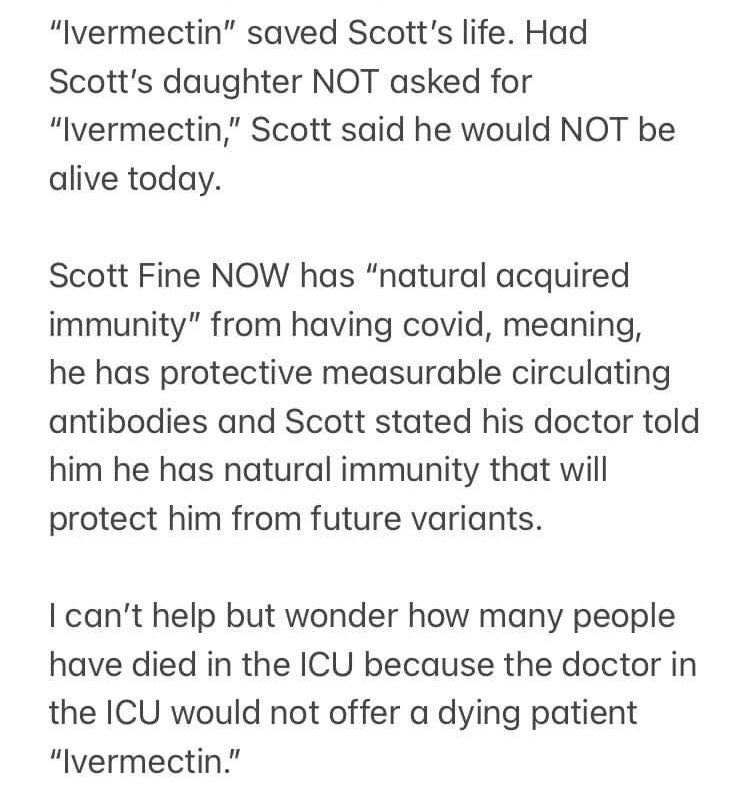 @BobayLisa @KLVeritas @BobayLisa 
Below is an amazing Covid survivor story of someone I personally know. Scott was in the ICU dying of Covid. This was also in March of 2020. Thankfully, when he arrived in the ER, the ER doctor instructed the staff NOT to put him on a ventilator. His story👇