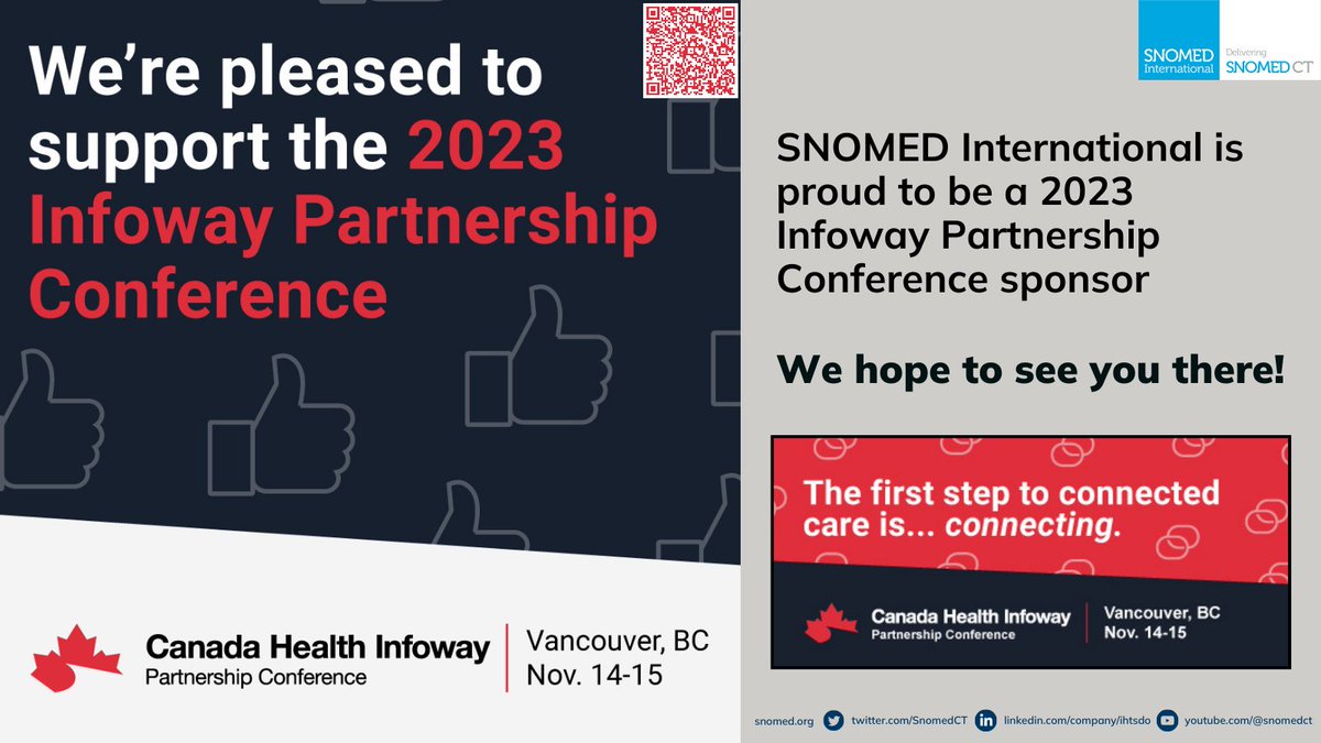 We're proud to be the webcast sponsor for the 2023 @Infoway Partnership Conference, Nov. 14-15 in Vancouver! Infoway is one of the founding Members of @snomedct. Register here: infoway-inforoute.ca/en/about-us/pa… #ThinkDigitalHealth