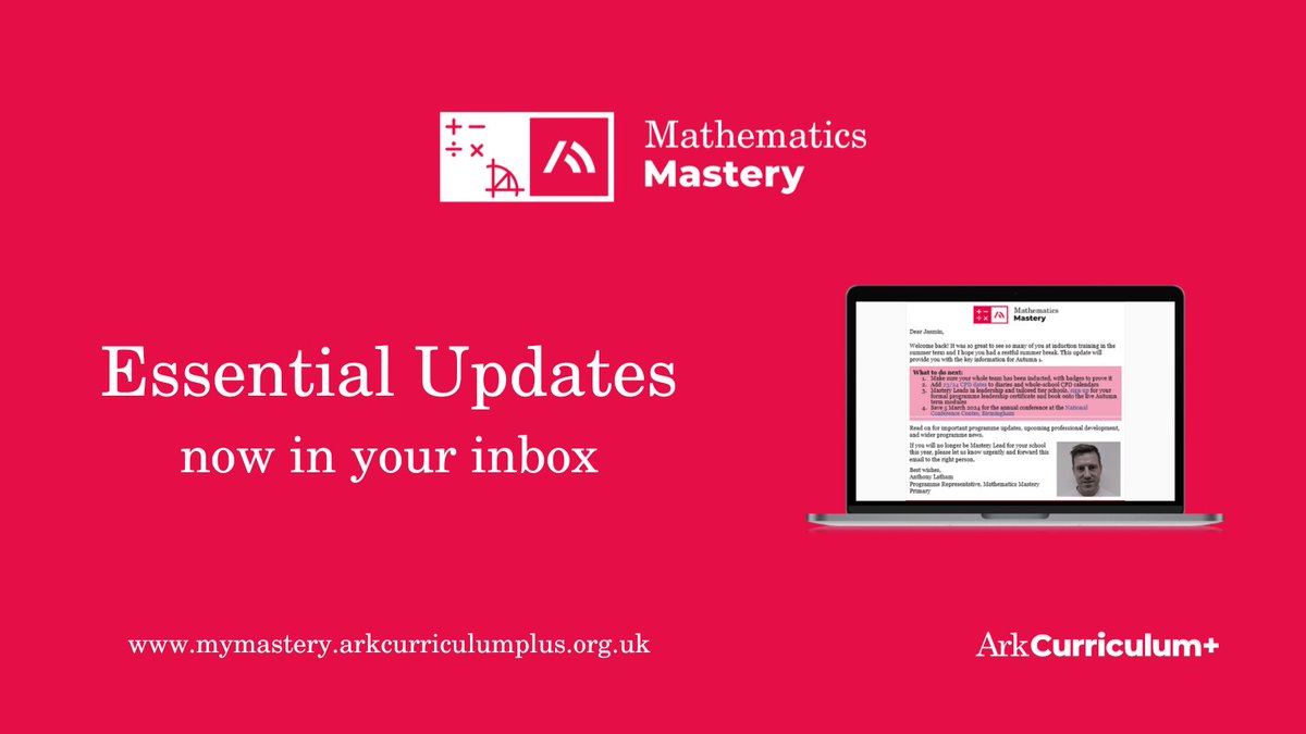 Attention partner schools! 📢

This half-term’s ‘Essential Updates’ is now in your Mastery Lead’s inbox!

Including booking information for #ACPConference24, upcoming CPD and programme updates.

The bulletin can also be found on #MyMastery for all #teachers to access.