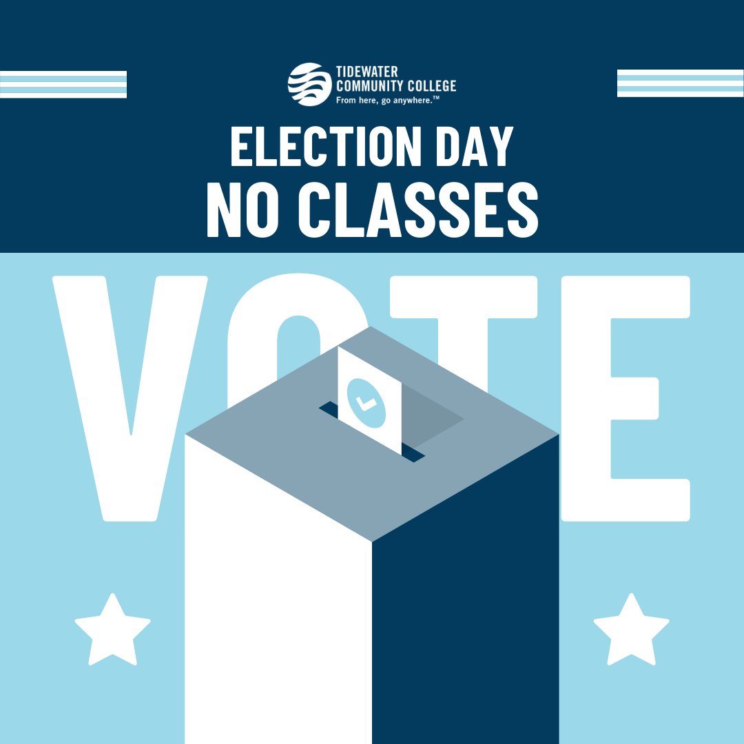 TCCva's tweet image. Hey TCC fam! Just a reminder, there are no classes today, Nov. 7, in honor of Election Day. 🇺🇸 Your voice matters, so get out there and vote! 🗳️

#TCCva #StudentsVote #FromHereGoAnywhere #ElectionDay #HamptonRoads