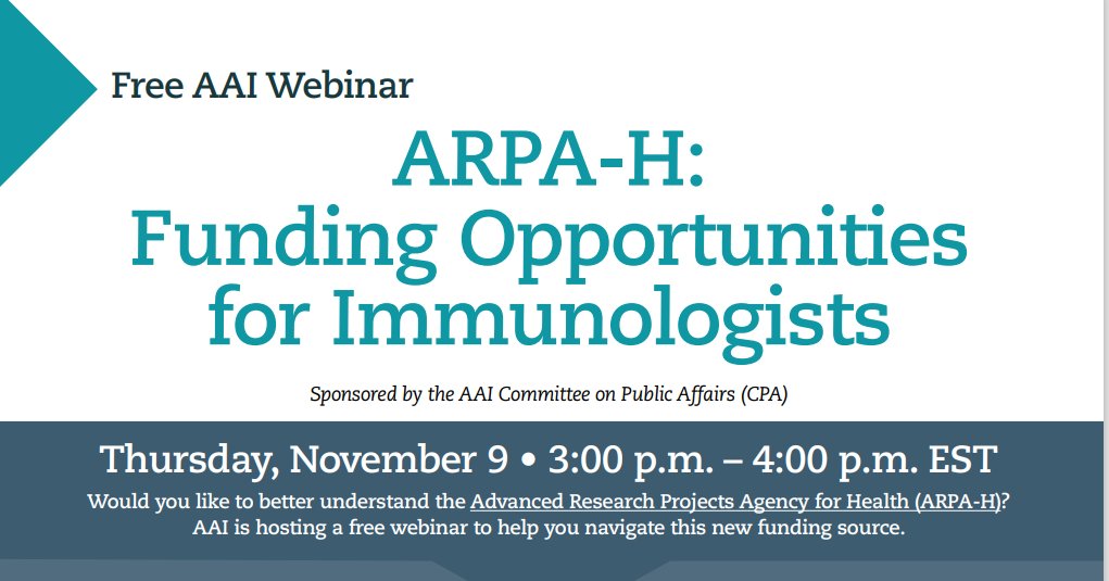 Join us for the AAI webinar on “ARPA-H: Funding Opportunities for Immunologists.” Get an in-depth look at the agency and gain valuable insights from experts on developing ARPA-H funding proposals. Don't miss out! aai.org/AAISite/media/… #ARPAH #AAI #immunology