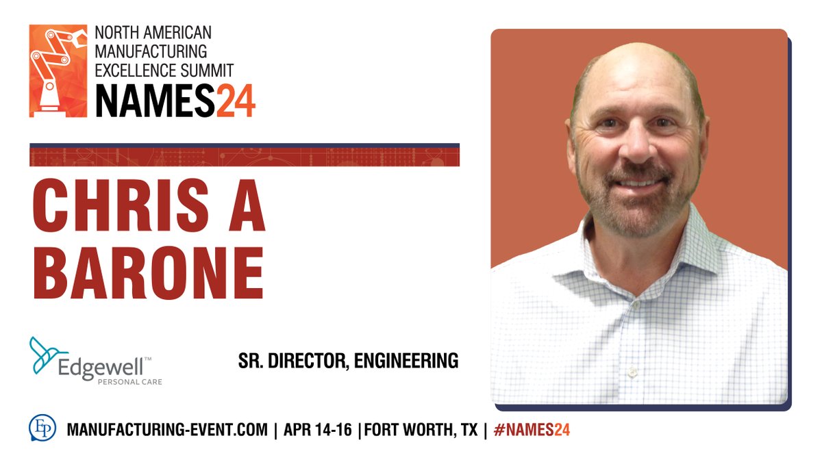 📣 Join an incredible themed lunch discussion led by Chris A Barone, Sr. Director, Engineering at Edgewell Personal Care at #NAMES24. 

Stay tuned for more details and visit ➡️ manufacturing-event.com to learn more.

#NAMES #Manufacturing #ManufacturingIndustry