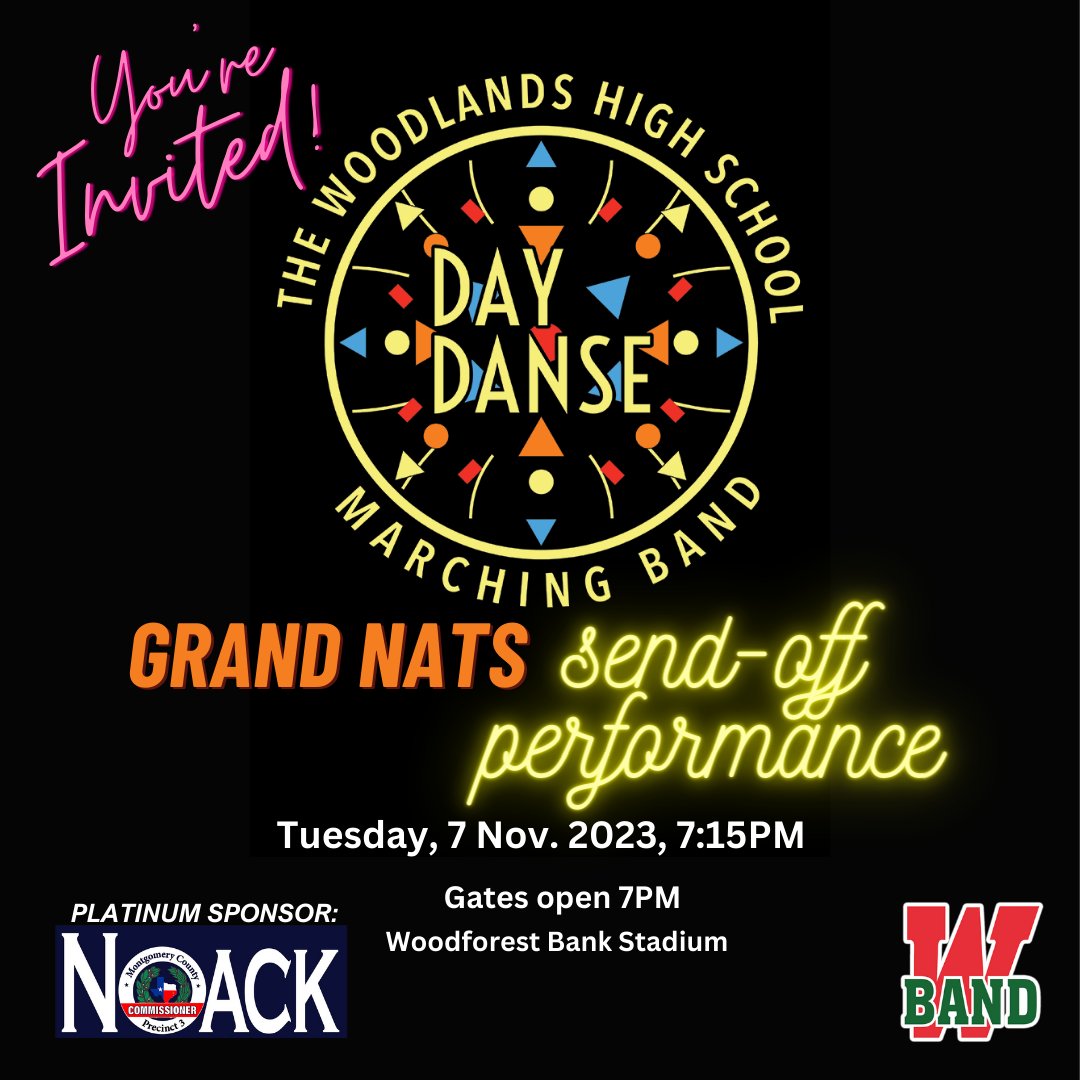 twhsbandbooster's tweet photo. *** TODAY*** Come to our FREE community and send-off performance. Share with family and friends! Support our students as they leave to Indy to compete in the Band of America Grand Nationals competition.#daydanse #jamesnoack #conroeisdsports #hellowoodlands #kprc2 #thewoodlandshs https://t.co/TrudywfBGR