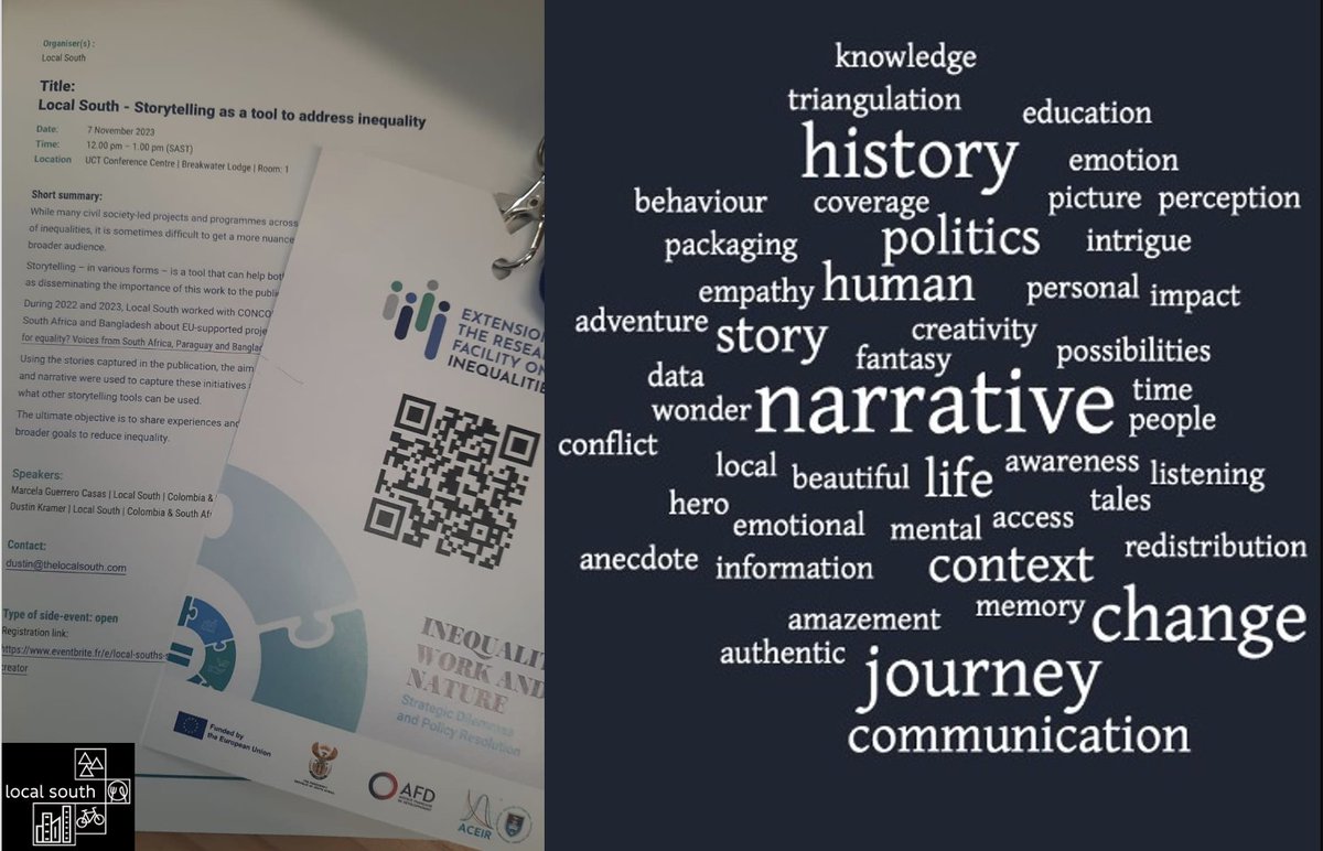GuerreraCasas's tweet photo. “What comes to mind when you hear/think #storytelling?” Here's what participants at this morning's side event in the Inequality, Work & Nature Conference organised by @AFD_France @ARUA_ACEIR & @PresidencyZA said.
A most stimulating conversation #ResearchInequalities #localsouth https://t.co/JUmfz59sc0