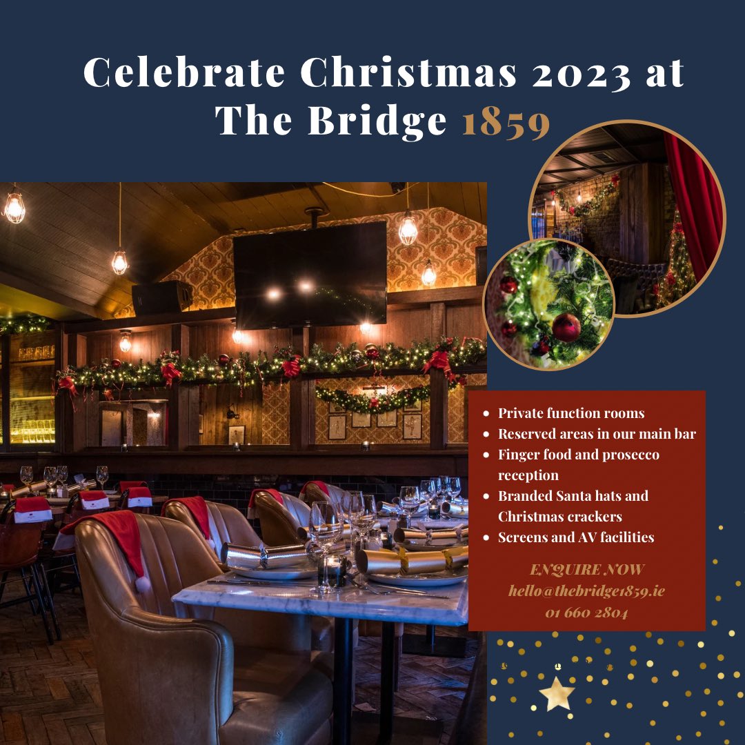 The Bridge 1859 is the perfect venue to host your Christmas party🎄 Looking for finger food and drinks in a reserved area in our main bar or a private function room for your group? Contact our reservations team today at hello@thebridge1859.ie and let us plan your perfect night 🥂