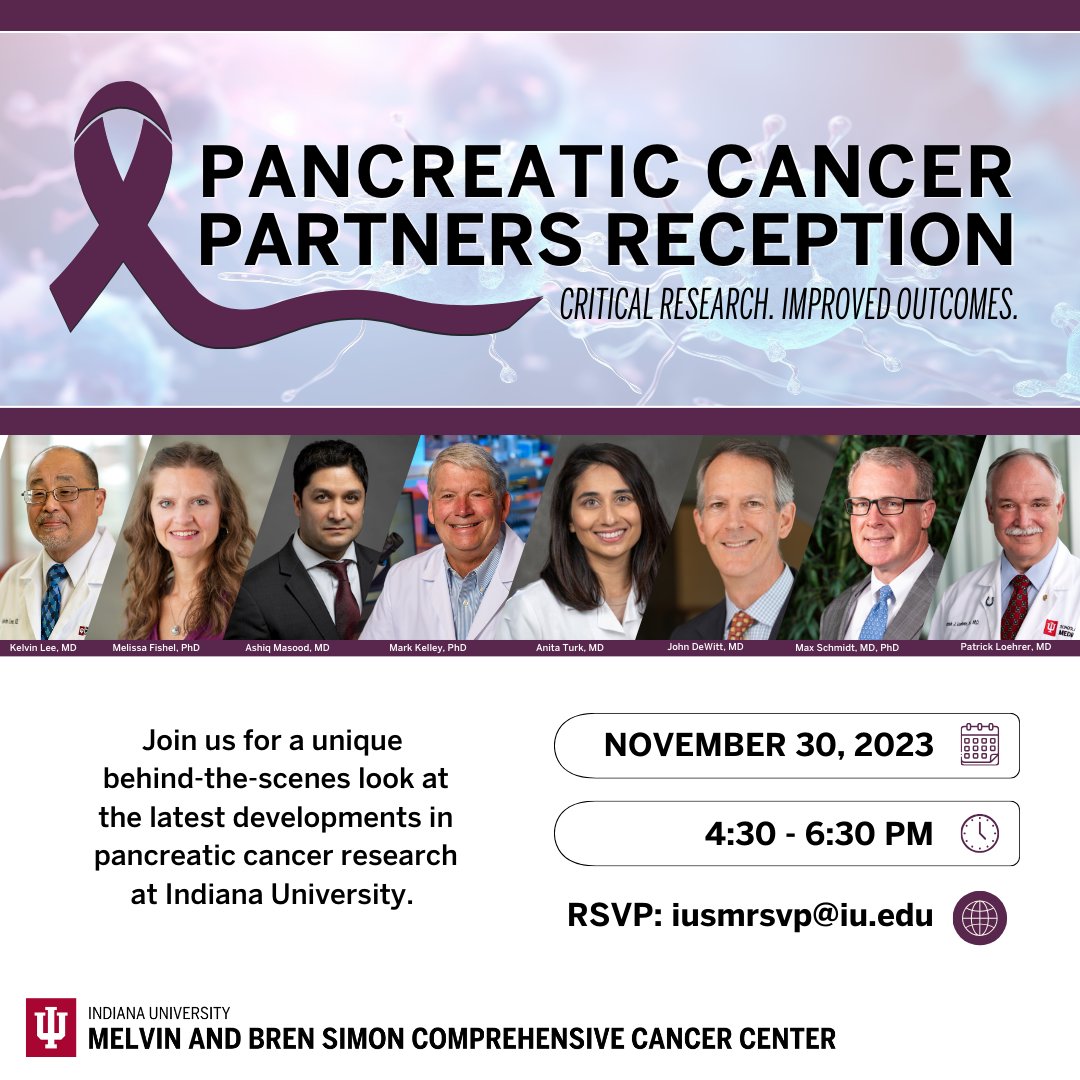 Join us for the 2023 Pancreatic Cancer Partners Reception. Engage in conversations with @IUCancerCenter researchers and community advocates, learn about the latest breakthroughs in pancreatic cancer research, and explore our research labs. RSVP by Nov. 27.