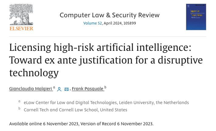 📢📰 So proud to announce that, after a long journey, the paper 'Licensing high-risk AI' by @FrankPasquale and me, is finally published – fully open access – on @CompLawSecRev! We propose an ex-ante #justification model for #AI licensing! Here is the link:…