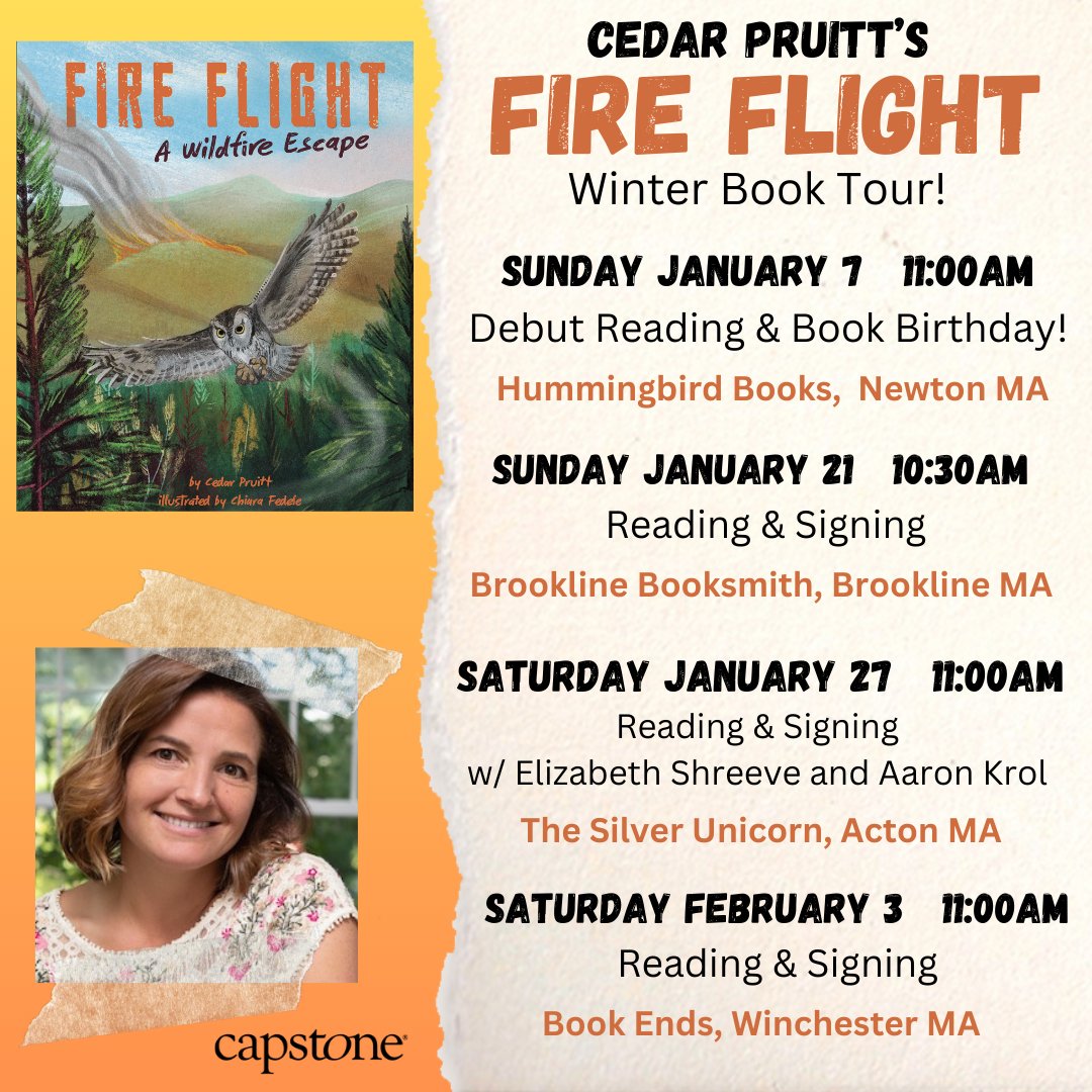 Book Tour Announcement! You're invited! I'm SO excited to share this real-life story of an owl, a pilot, and an unforgettable encounter w/ you at these local indies! Pre-order now: bookshop.org/p/books/fire-f… and mark your calendar to join us! #writing #kidlit #12x12 #picturebooks