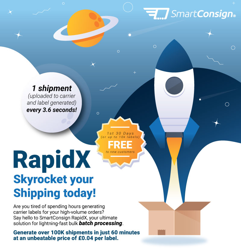 FREE RapidX for 30 Days (or up to 10,000 labels) for new customers 🚀

Perfect for bulk despatch processing at speed ⏩

#shippingsolution #despatchsystem #shipping #carrier #uk #offer