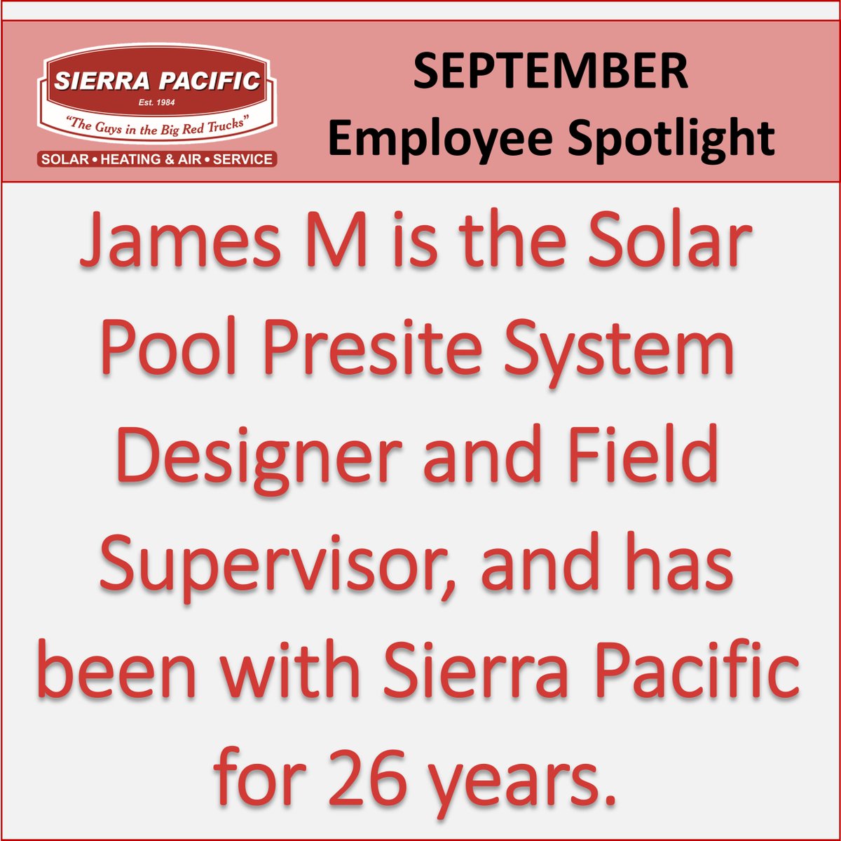 SierraPacificCA's tweet image. Congratulations to our November Employee of the Month, James M! 🌟 

#FAFCO #SolarPool #SierraPacificHome #TheGuysInTheBigRedTrucks #HVAC #HVACCareers #HVACTechnician #Sacramento