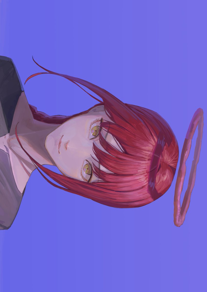 makima (chainsaw man) 1girl solo ringed eyes simple background halo red hair sideways  illustration images