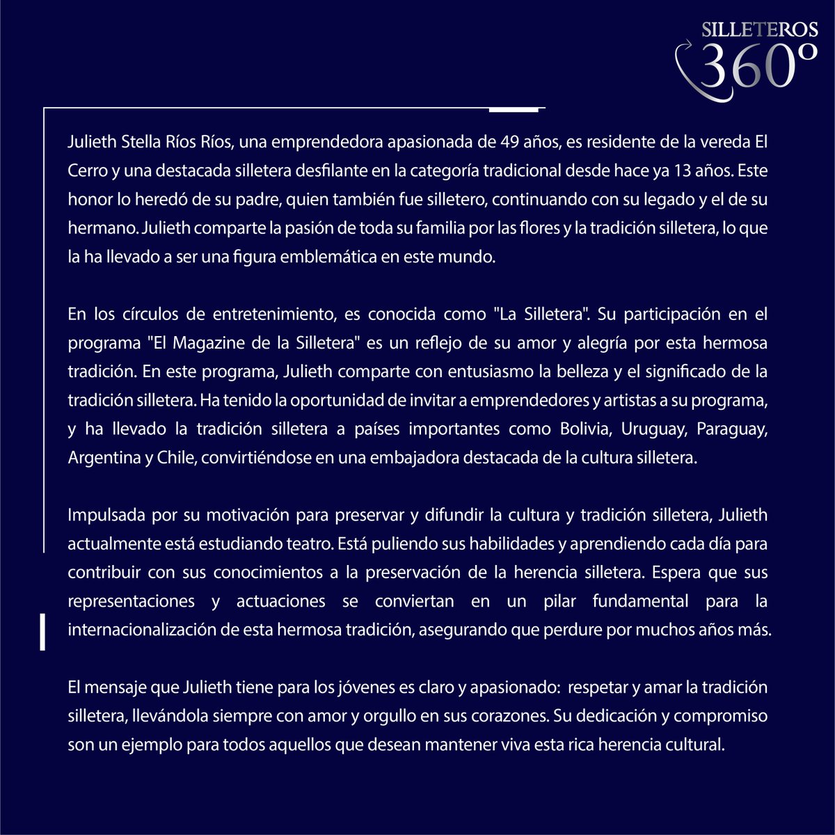 En este regreso de "Silleteros 360", te invitamos a conocer a Julieth Stella Ríos Ríos, una emprendedora y apasionada presentadora que ha difundido la tradición y la cultura silletera en diversas partes del mundo.

#cultura #tradición #Cosse #SantaElena #silleteros360
