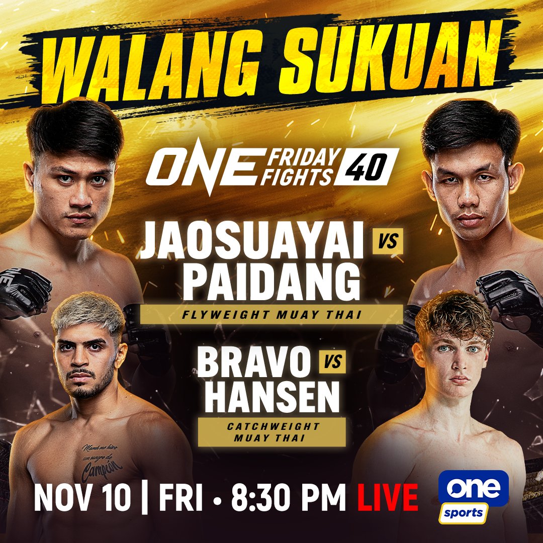 OneSportsPHL's tweet photo. Walang sukuan sa bakbakan! 💥
Panoorin ang ONE Friday Fights 40 ngayong November 10, 8:30 p.m. LIVE sa One Sports.
#ONEChampionship #OFF40 https://t.co/Z4OmgtKJ3m