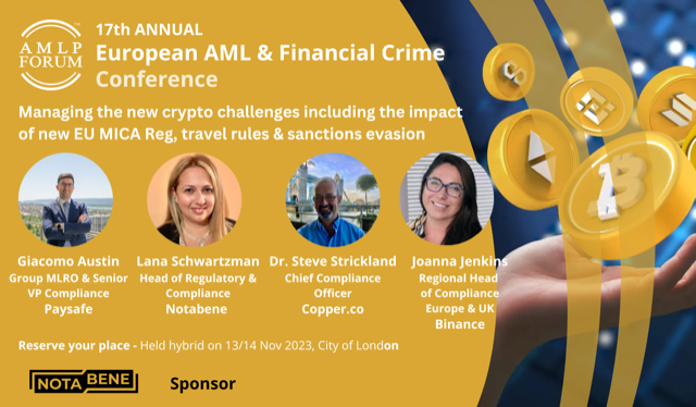 Notabene (@notabene_id) on Twitter photo ๐ Thrilled to sponsor <a href="/ForumAmlp/">AMLP Forum</a>'s 17th annual AML & Financial Crime Conference!
Notabene's <a href="/LanaCryptoAML/">Lana</a> will join a panel to discuss how #MiCA, the Travel Rule, and sanctions evasion are reshaping the landscape.
๐
 Nov 14 | ๐ 14:00 BST/8:00 EST
๐๏ธ amlpforum.com/european-aml-fโฆ ๐ Thrilled to sponsor <a href="/ForumAmlp/">AMLP Forum</a>'s 17th annual AML & Financial Crime Conference!
Notabene's <a href="/LanaCryptoAML/">Lana</a> will join a panel to discuss how #MiCA, the Travel Rule, and sanctions evasion are reshaping the landscape.
๐
 Nov 14 | ๐ 14:00 BST/8:00 EST
๐๏ธ amlpforum.com/european-aml-fโฆ