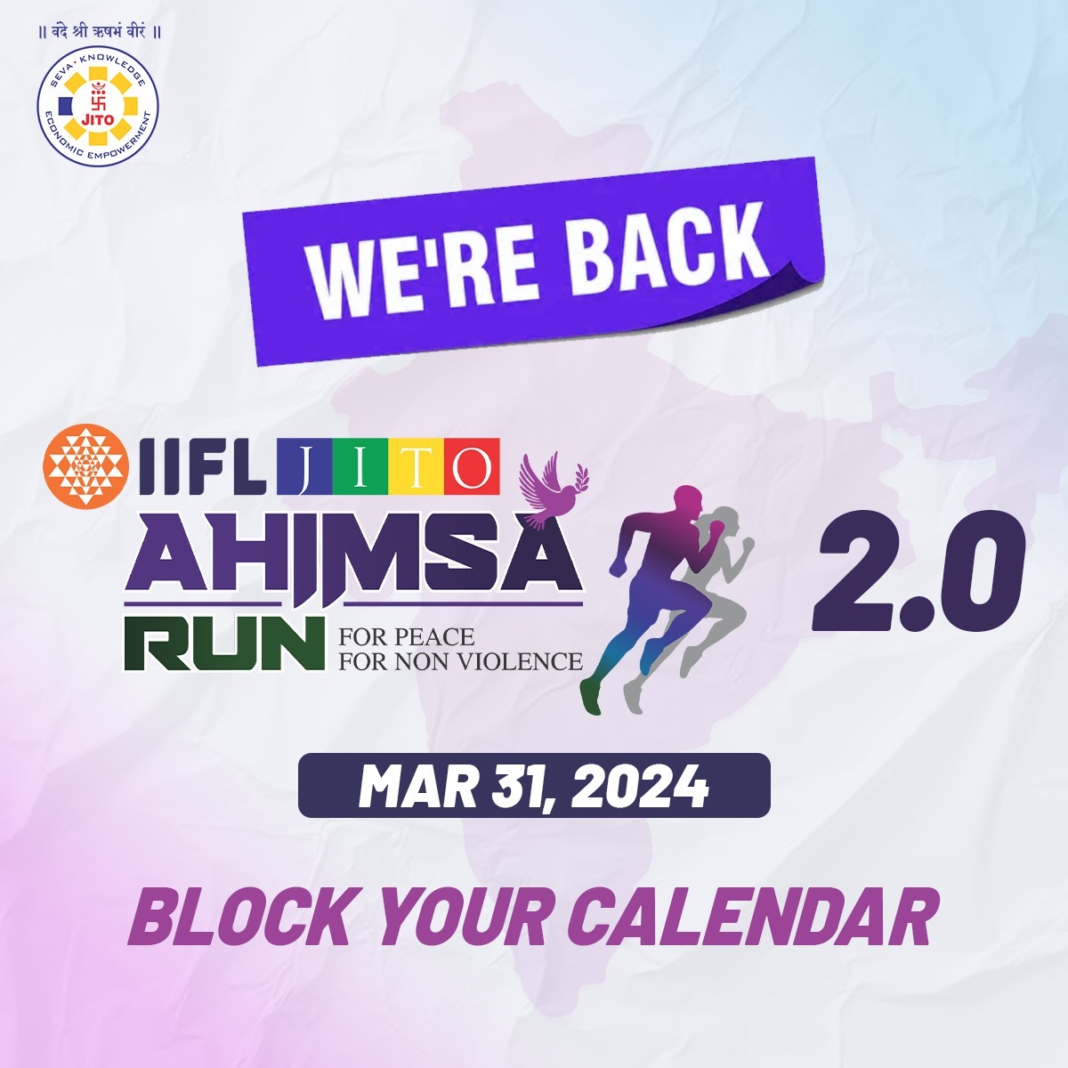 IIFL Ahimsa Run 2.0
Big announcement #ahimsarun
The bigest event on 2024
31st March 2024, IIFL JITO Ahimsa Run
Are you ready
Tighten your seat belts
The ride begins