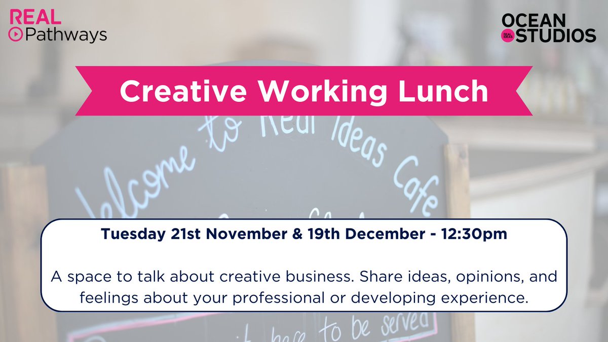 🖌️ Creative Working Lunch 🖌️

Come along to our Creative Working Lunch at Ocean Studios; A space to talk about creative business, hare ideas, opinions, and feelings about your professional or developing experience.

Find out more and book here: hubs.la/Q026flPG0