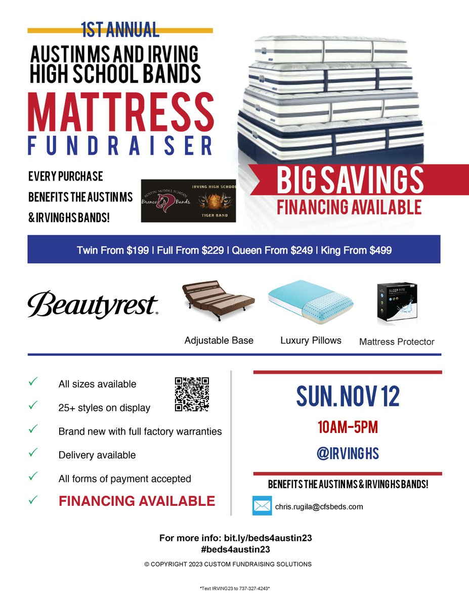 Join us &amp; the <a href="/IrvingBand/">Irving Band</a> &amp; <a href="/Austin_Broncos/">Austin Middle School</a> Band for their 1st Annual #MattressFundraiser THIS Sunday, November 12th (10am-5pm) at <a href="/IrvingHigh/">Irving High School</a>. Here R details to RT/share with friends! #beds4irving23 #beds4austin23 Please RT! <a href="/IrvingISD/">Irving ISD</a> <a href="/FineArts_AMS/">Austin MS Fine Arts Department</a>