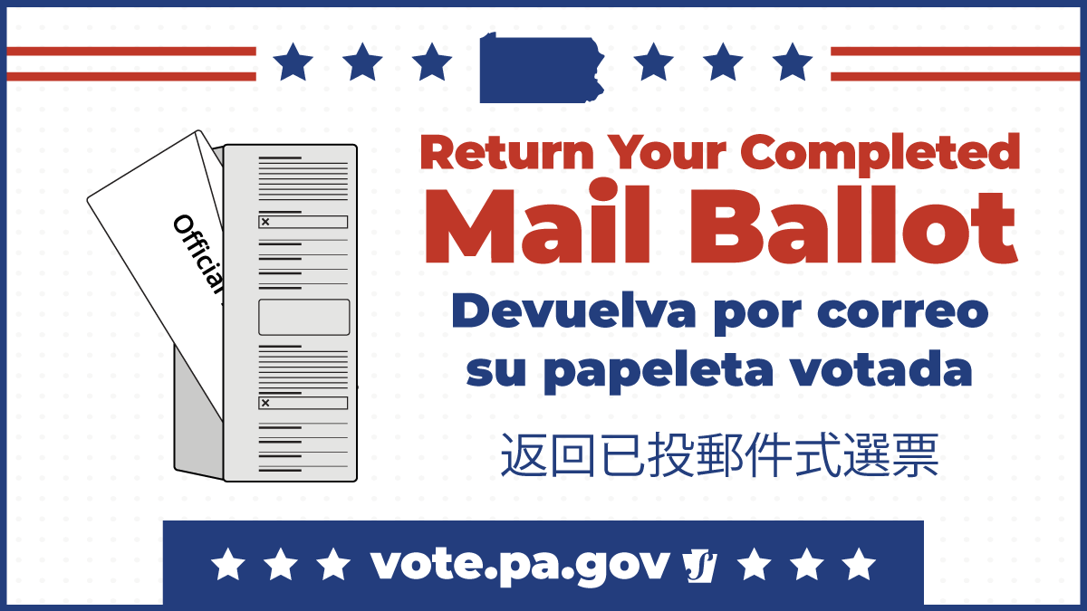 PAStateDept's tweet photo. Mail ballots must be RECEIVED by your county board of elections by 8 p.m. TODAY. Ballots received after that time, even if postmarked before the deadline, WILL NOT COUNT. https://t.co/U8xU8Zk3aW