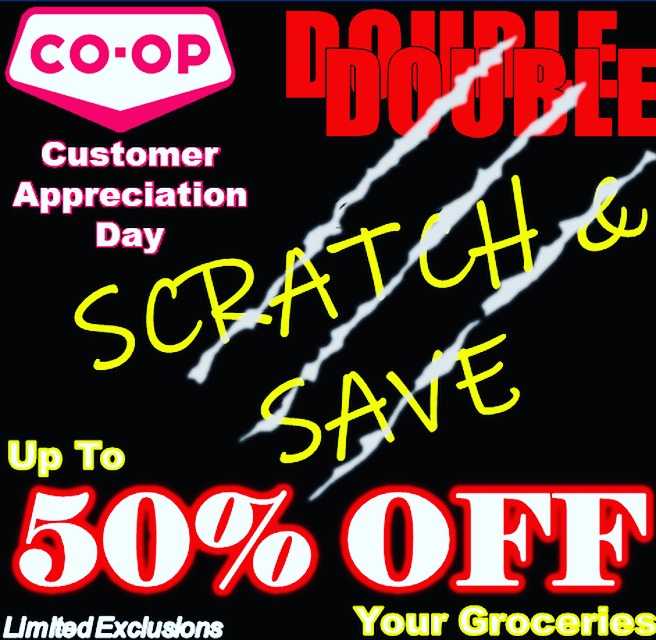 🗓️ 1st TUESDAY OF THE MONTH…
🤩 DOUBLE SCRATCH &amp; SAVE TODAY!!!
🤑 UP TO 50% OFF YOUR GROCERIES!!!
👋 HIGH FIVE
