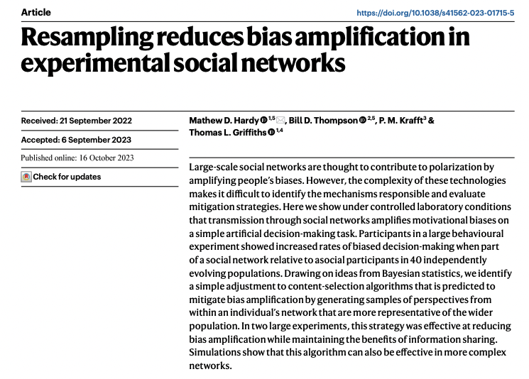 Four years in the making, my main PhD work is in Nature Human Behaviour! Decades of work has shown both benefits and costs to group decision-making. Can we restructure social networking algorithms so there are fewer costs and more benefits? Paper: rdcu.be/dquI1 1/10