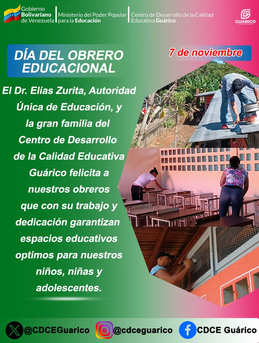 CDCEGuarico's tweet photo. #7deNOV Día del Obrero Educacional.
El Dr. @EliasEducacion1 y La gran familia Educativa Guariqueña felicita a todos nuestros Obreros por su trabajo y dedicación en garantizar espacios educativos óptimos para nuestros estudiantes.
@NicolasMaduro
#VenezuelaTodaPorElEsequibo https://t.co/9dY2OdHAnk