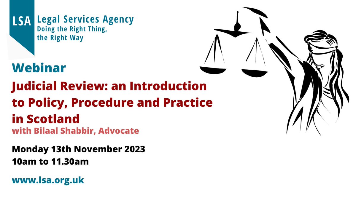 📢 Judicial Review: an intro to policy, procedure and practice in Scotland - Don't miss our #LSAwebinar with @mbs_786 - BOOK NOW 👉 bit.ly/3SqTEvx #judicialreview #courtofsession #scotslaw #policy #procedure #practice #remedies #courtreform #cpd #tcpd #booknow