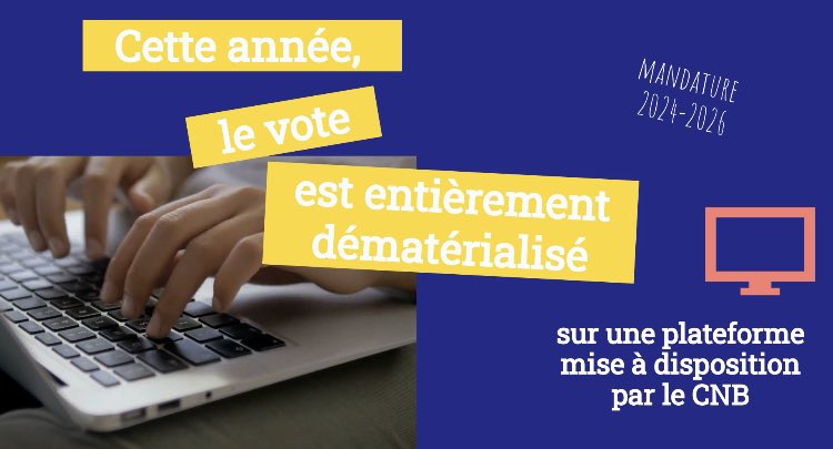 🔵🟡 #électionsCnb2023
Le 28/11, le vote sera électronique : chaque avocat pourra voter avec sa clef RPVA, ou ses identifiants Identitas, ou avec des identifiants de vote adressés par courrier par le <a href="/CNBarreaux/">Conseil national des barreaux - les avocats</a> à compter d'aujourd'hui. Pour tout savoir 👇🏼youtu.be/6Q92k7d1UxM?si…