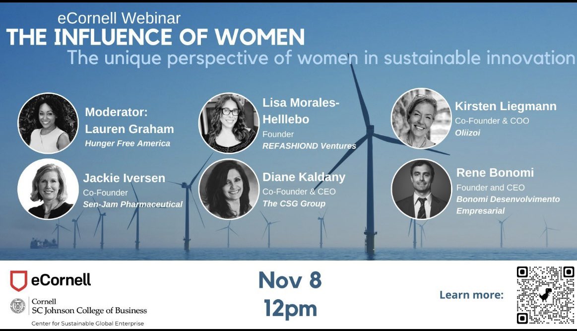 On November 8th we will host an event to discuss the influence of women in sustainable innovation.

#womeninbusiness #womenentrepreneurs #sustainability #innovation

ecornell.cornell.edu/keynotes/overv…