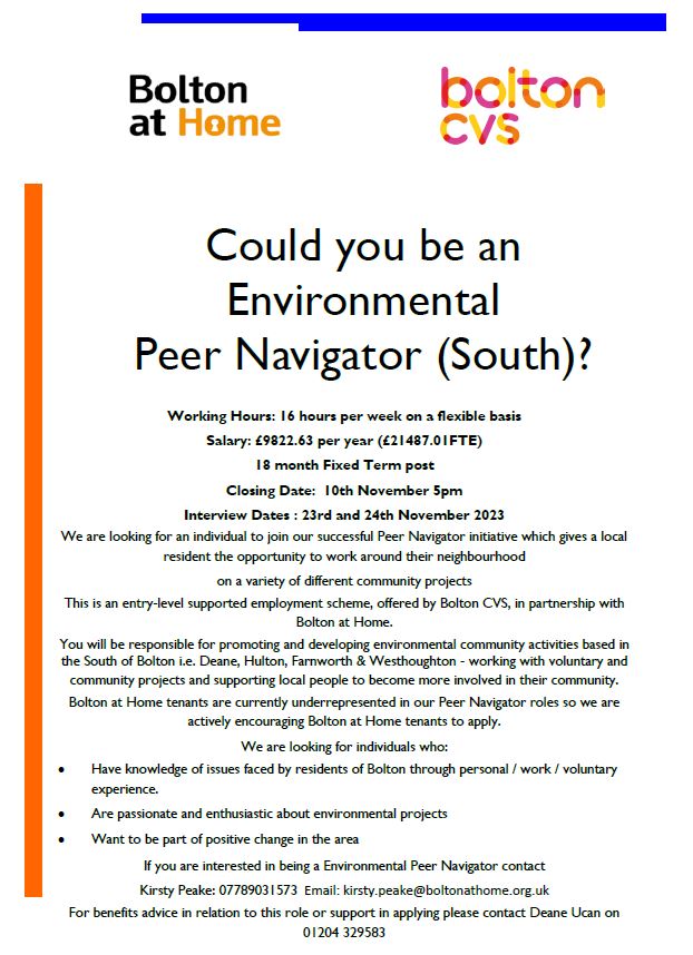 ***Closing date: 10.11.23*** 🧡Please pass these vacancies onto a loved one if you think they'd be a good fit for one of our two Environmental Peer Navigator vacancies in Bolton North/South: 🤔Interested? Call 07787337474 or email: adam.warbrick@boltonathome.org.uk.