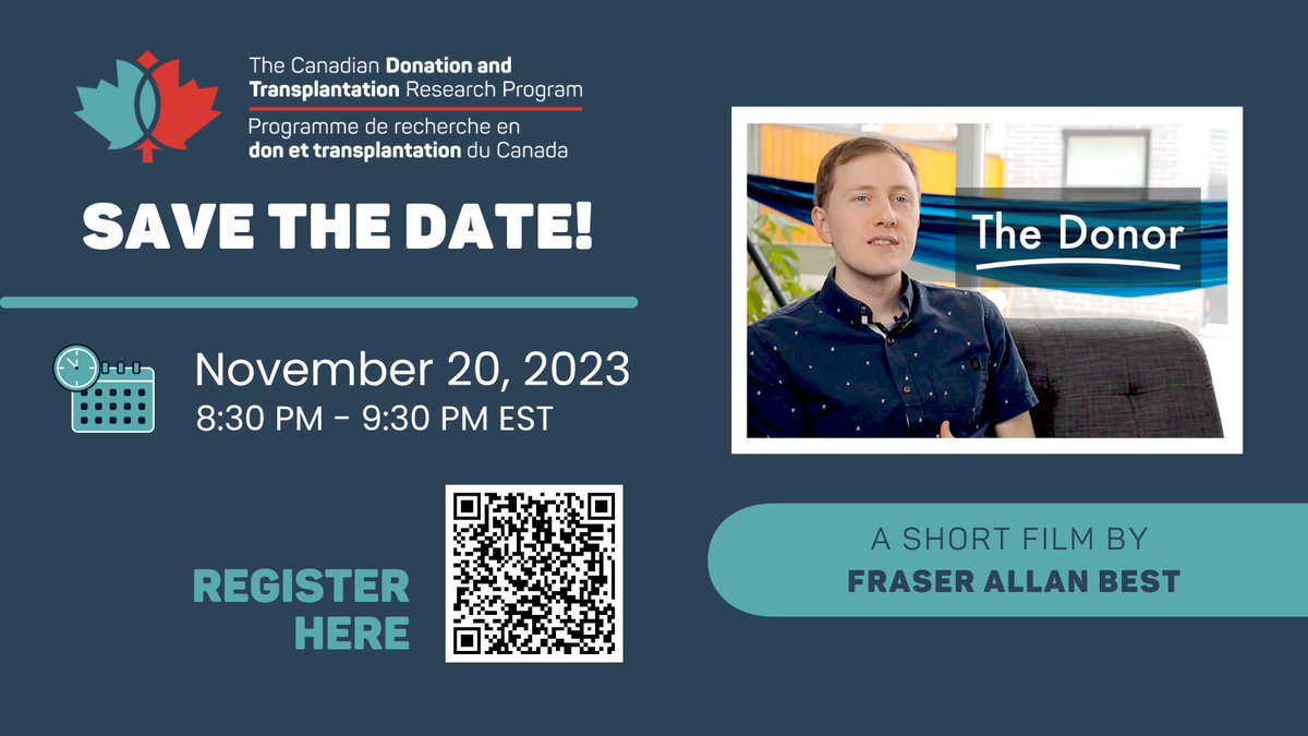 🚨 SAVE THE DATE 🚨 CDTRP will be hosting the screening of @FraserAllanBest's film, The Donor, on Nov 20. The film explores living donation and the donor-recipient relationship. @suzeberkhout @WongMersC FREE REGISTRATION ✍️ bit.ly/3Qr8zTN More: bit.ly/3u2s3qr