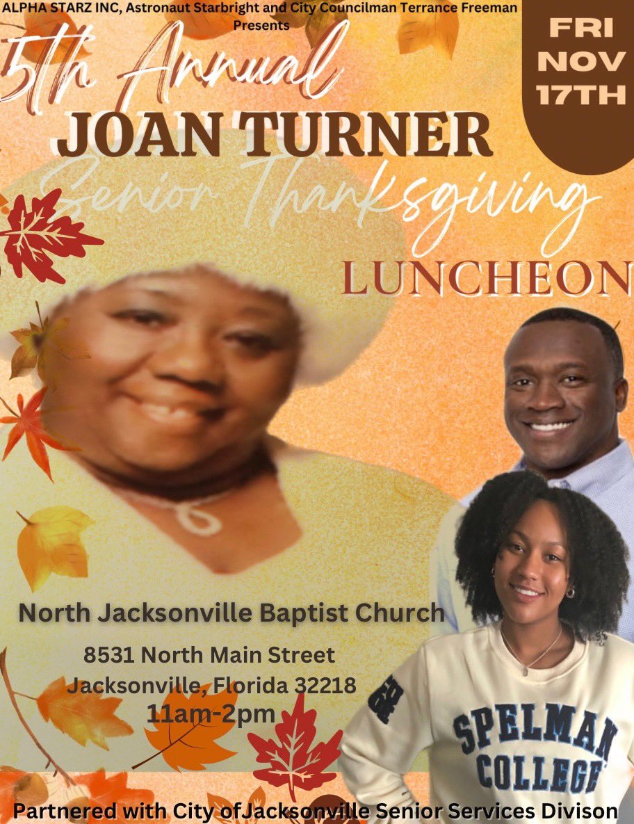 Thank you to everyone who has shared and donated. So far we have raised $3000 and need $2000 more to meet our target! Just 11 days away from the Joan Turner Senior Thanksgiving Luncheon! Please consider a donation today. Call (904) 302-0349 for tax deduction or cash app me to…