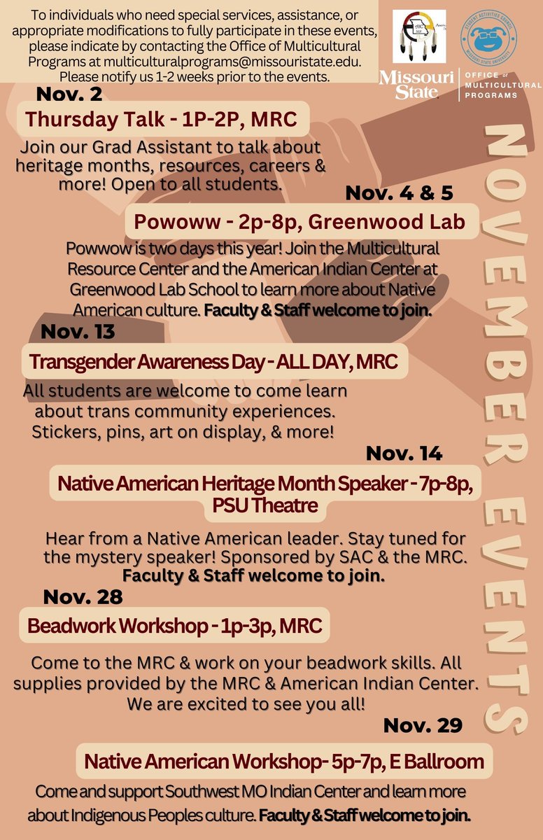 A few more more events to celebrate Native American heritage Month!

Come out to the MRC over the next few weeks before and after break!