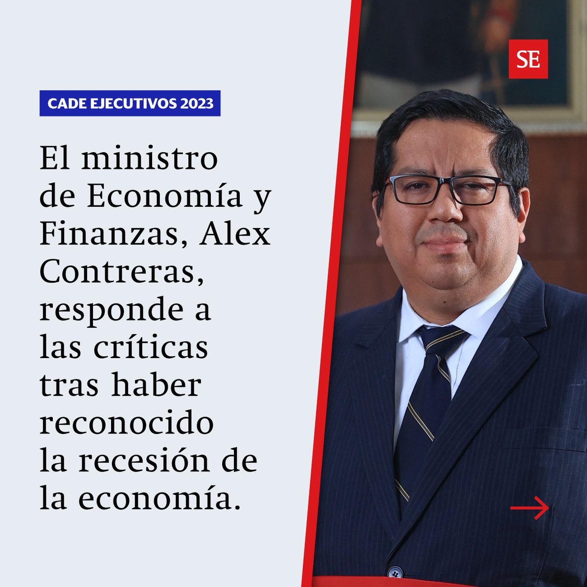 SEMANAeconomica's tweet photo. #CADE2023. El titular del @MEF_Peru, Alex Contreras, responde a los cuestionamientos y niega que exista una autocrítica que hacer respecto al reconocimiento de la recesión. 

Lee la entrevista: https://t.co/Z7WoYCflDg

Por @cabecitaterri. https://t.co/968vTE2FZZ